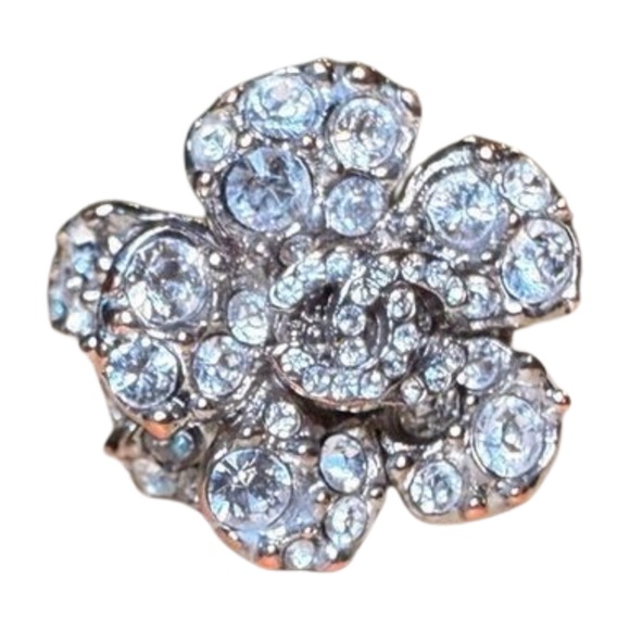 Chanel Womens Ring Rhinestone Flower Camellia CC Logo Luxury Glamorous - Picture 1 of 7
